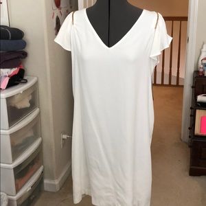 White dress with rose gold shoulder detail